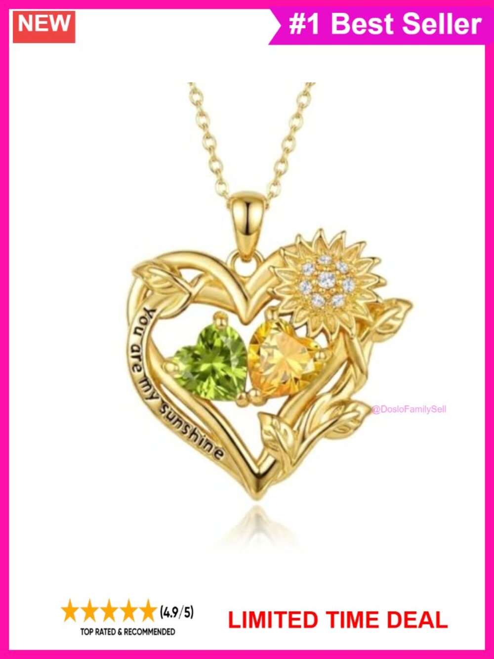 14K Gold Plated Sunflower Birthstone Necklace Two Stone Pendant Gift